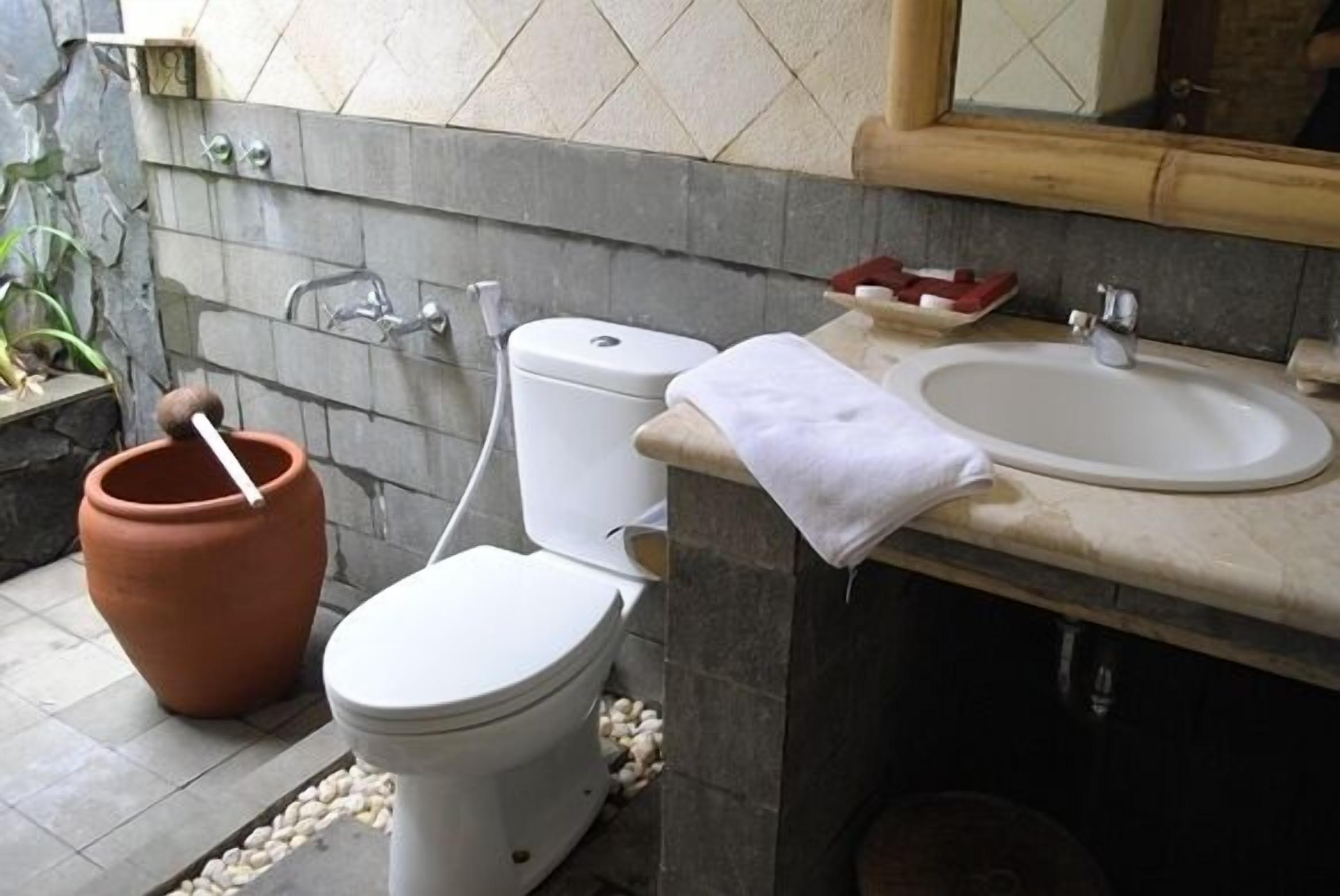 A bathroom with a toilet, sink, and a large terracotta pot.
