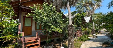 A wooden house with a porch, surrounded by lush greenery and palm trees.