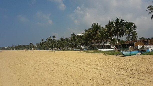 A beach with a sandy shore, palm trees, and a building with a red roof. - Sea Front Hikkaduwa (Hikkaduwa)