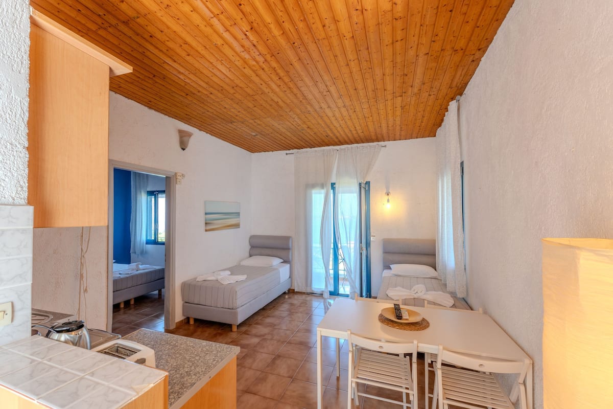 A room with a wooden ceiling, a bed, a table with chairs, a kitchen area, and a view through the window.