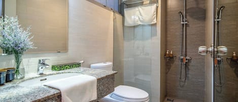 Un baño moderno con encimera de granito, inodoro blanco, cabina de ducha con mampara de cristal y espejo sobre el lavabo.
