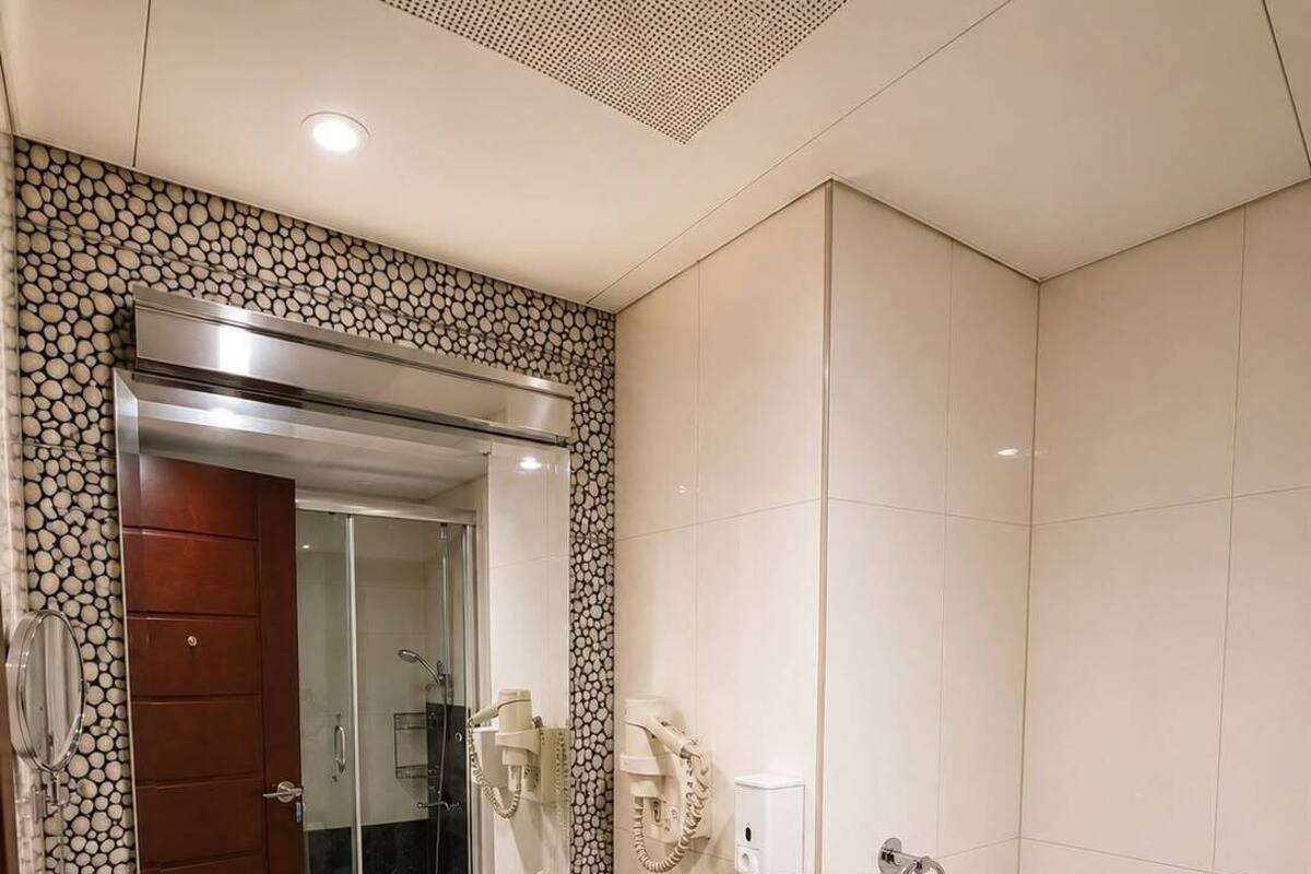 Combined shower/tub, jetted tub, free toiletries, hair dryer
