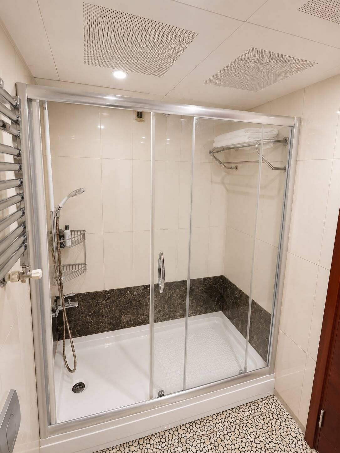 Une cabine de douche fermée par des parois en verre, avec un sol carrelé de blanc, une pomme de douche et un porte-serviettes.