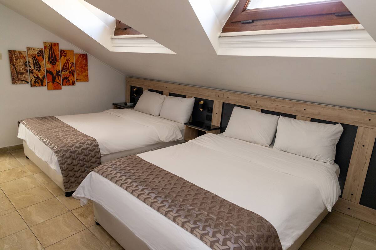A room with two beds, a skylight, and a wall with artwork.