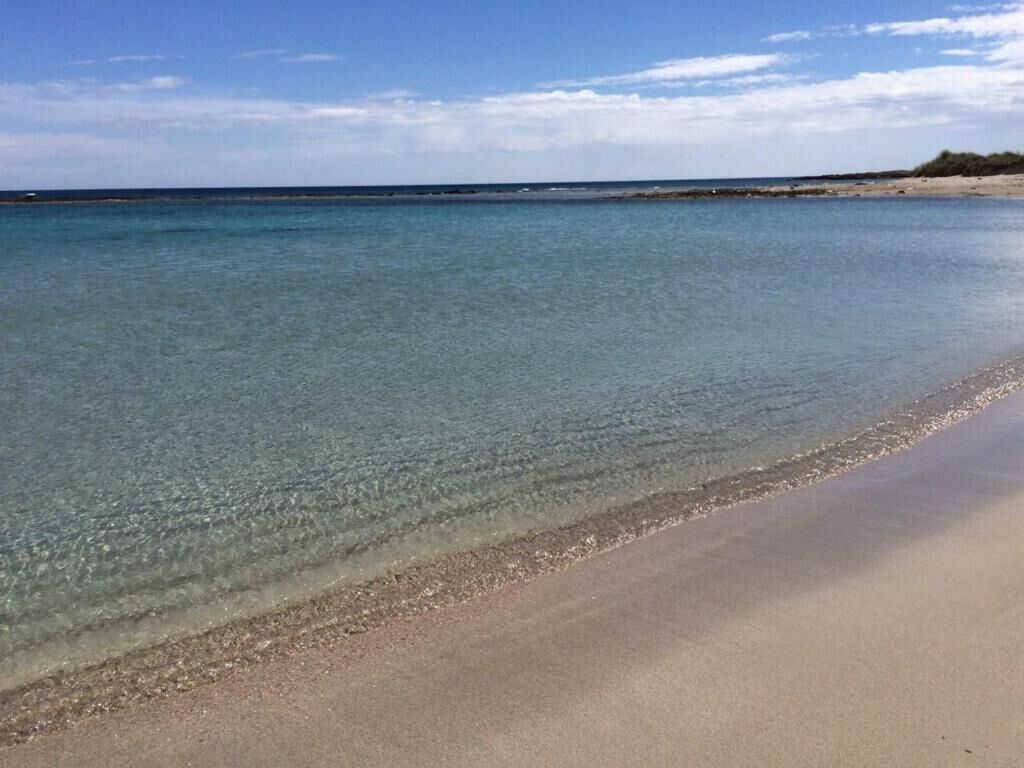 Ein Strand mit klarem Wasser, sandigem Ufer und einer entfernten Landmasse.