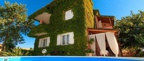 시즌별로 운영되는 야외 수영장, 수영장 파라솔, 일광욕 의자