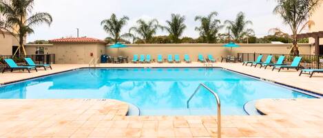 Una piscina rectangular con solárium alicatado, rodeada de sillas reclinables azules y palmeras.