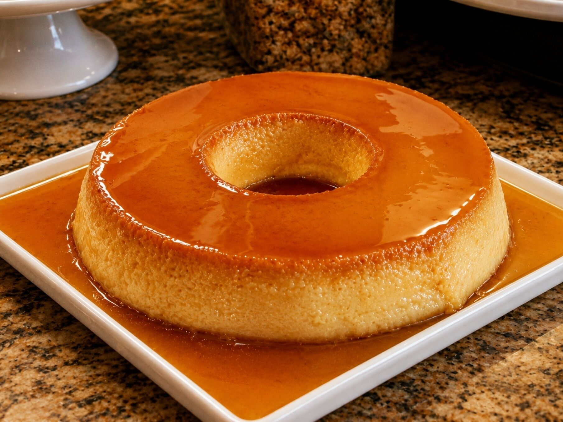 A single serving of flan on a white plate.