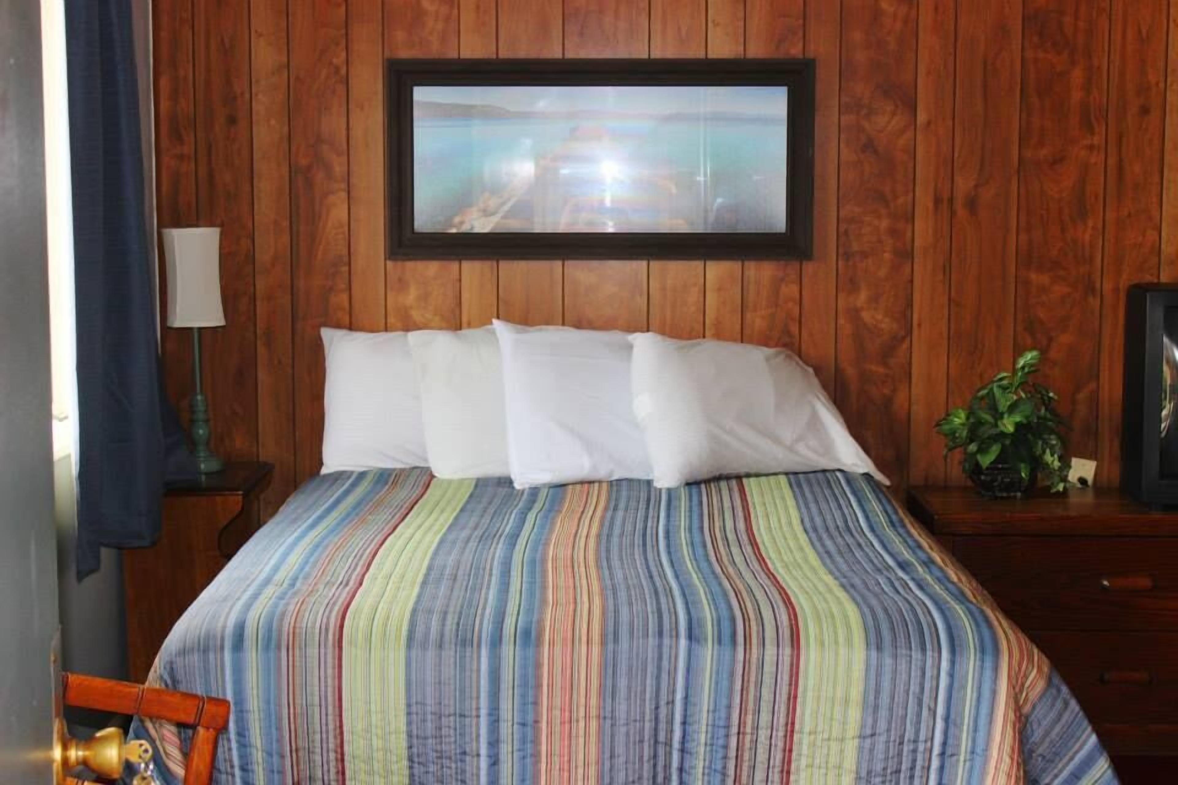 Une chambre d’hôtel avec un mur lambrissé en bois, un lit recouvert d’une courtepointe à rayures, un tableau encadré au-dessus du lit, une table de chevet avec une lampe et une plante en pot.