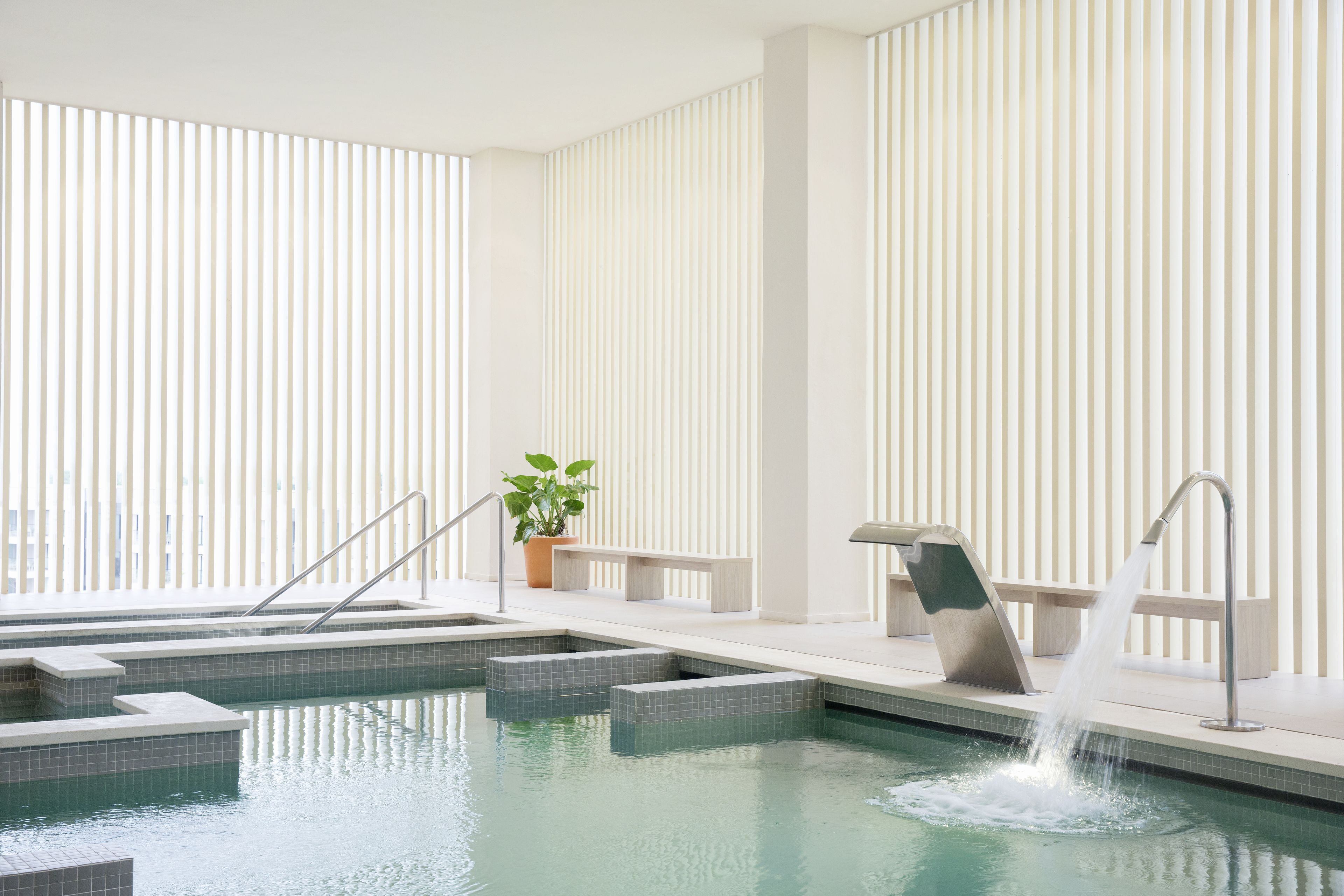 A modern indoor pool with tiered steps, a potted plant, and a water feature.