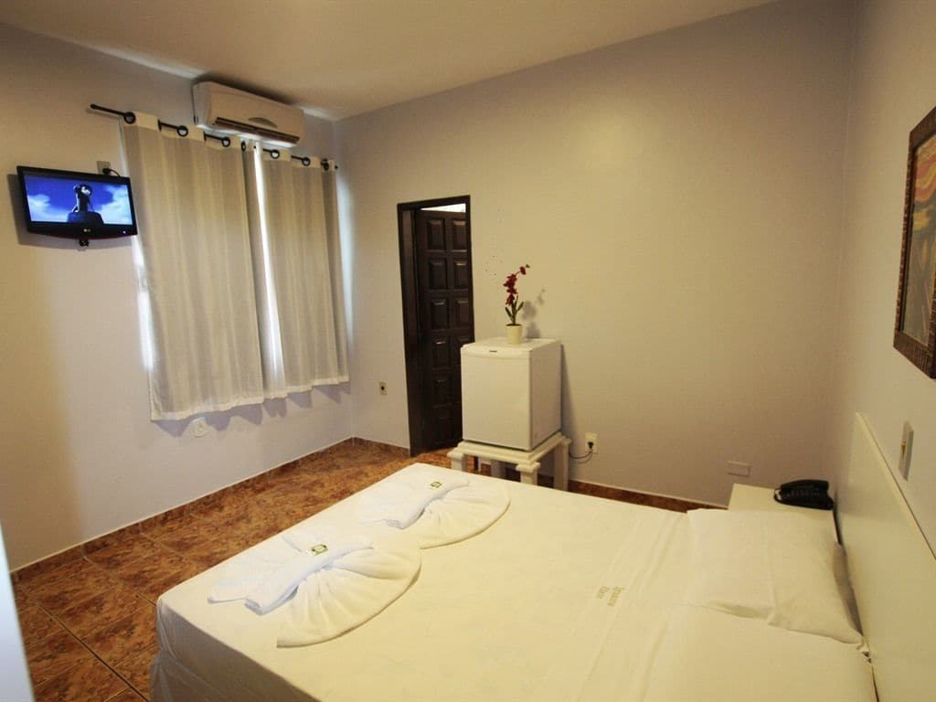 Quarto de hotel com cama, televisão, uma pequena mesa com um vaso e uma porta.
