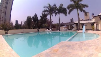 Outdoor pool, pool umbrellas, pool loungers