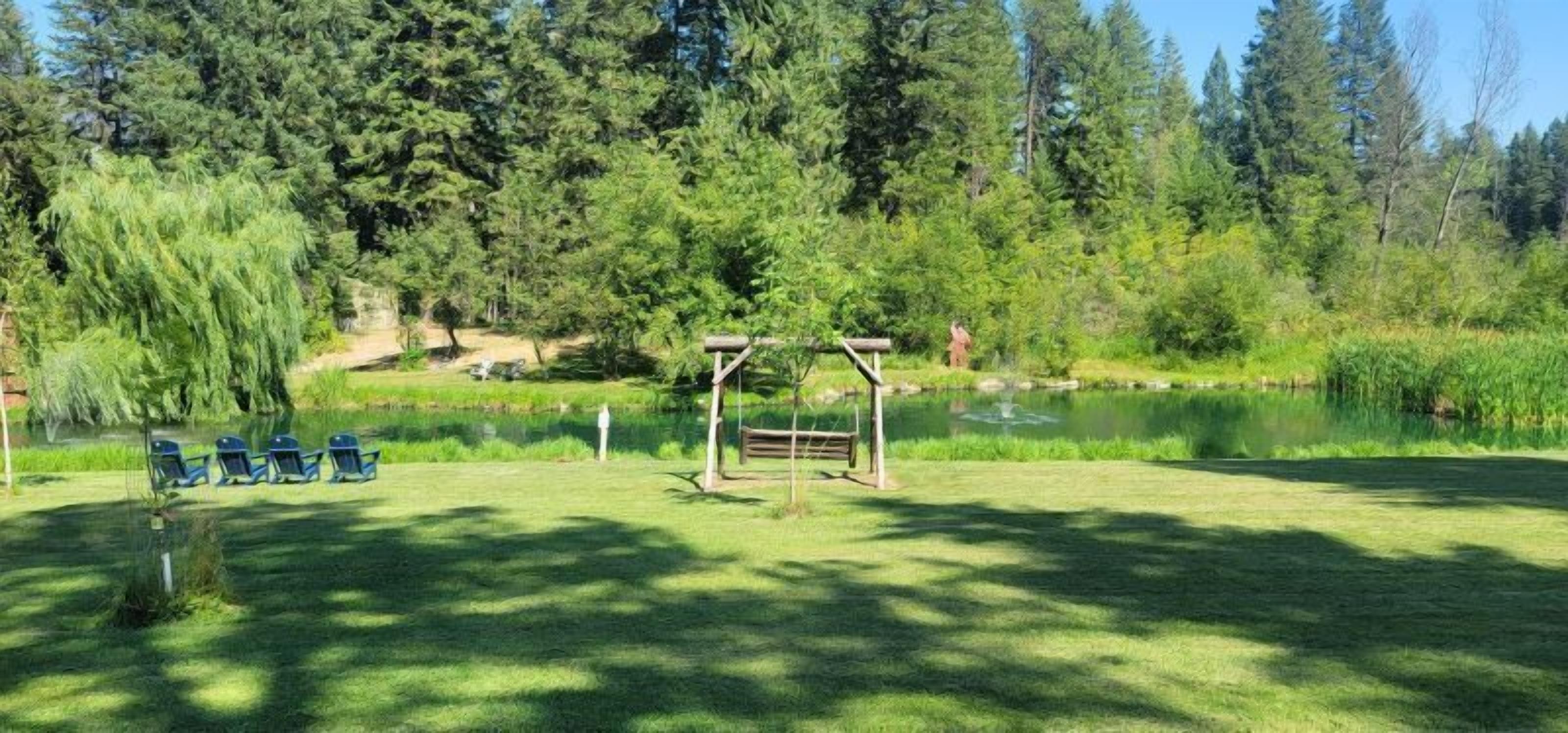 A park with a pond, wooden swing set, and blue chairs along the water's edge.