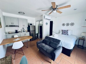 A compact room with a bed, a sofa, a dining table, and a kitchenette.