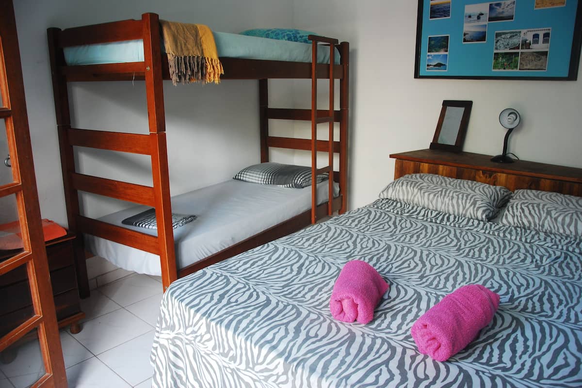 A bunk bed with a lower bunk and a mattress on the upper bunk. There is a bedside table with a lamp and a framed picture. The bed has a zebra-patterned bedspread.