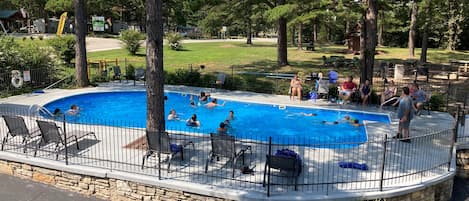 Seasonal outdoor pool, open 11:00 AM to 9 PM, sun loungers