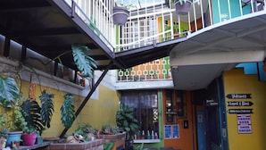 Ein mehrstufiger Innenhof mit Blumentöpfen, einer Treppe und einem Schild, das eine Bibliothek anzeigt.