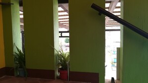 Eine Treppe mit grünen Wänden und einer Handläufe, die zu einem Außenbereich mit Blick auf ein Gebäude und Pflanzen führt.