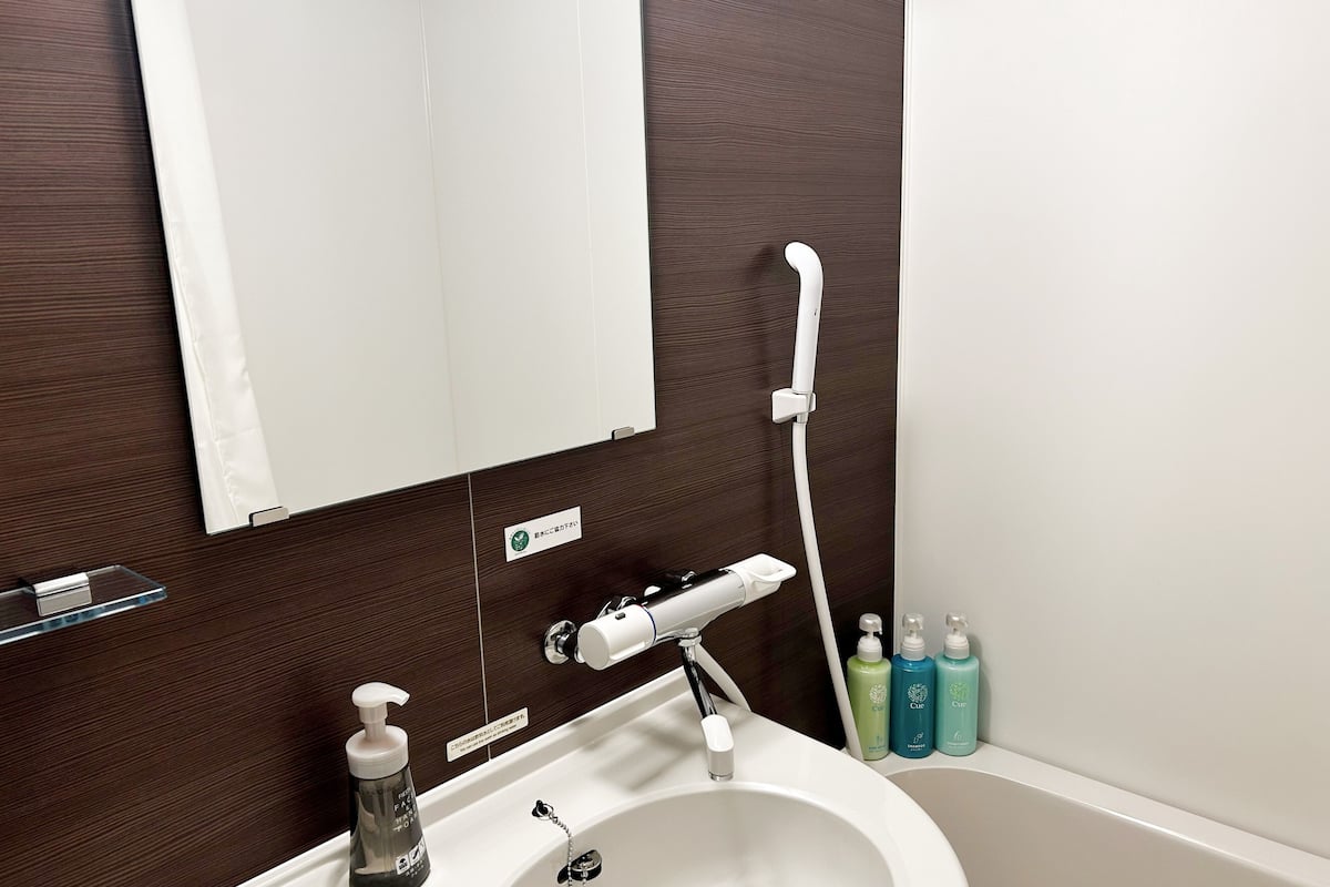 combined shower/bathtub, deep-soaking bathtub, free toiletries