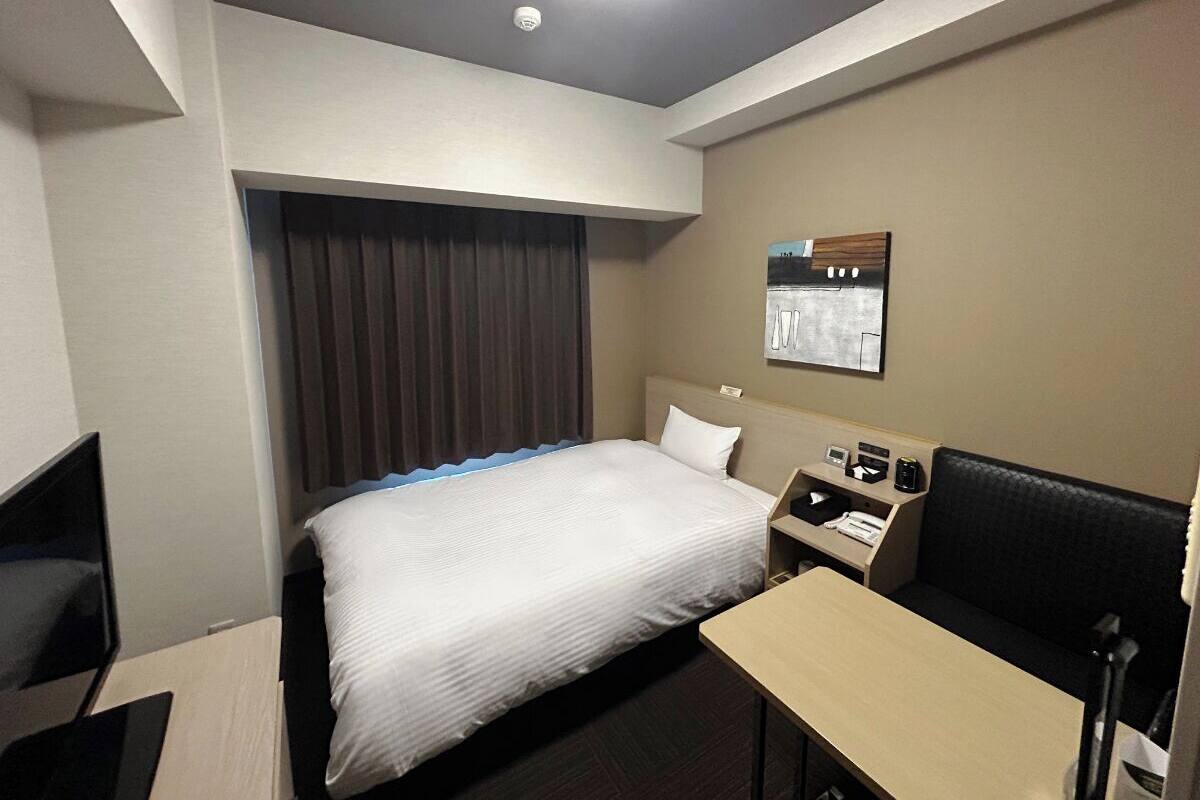 A hotel room with a bed, a desk, a chair, a TV, and a wall-mounted artwork.