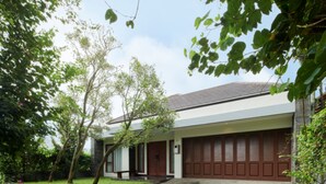 Una casa moderna con jardín delantero, un garaje y un árbol.