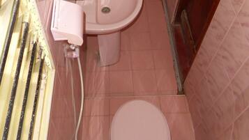 A small bathroom with a toilet, sink, and shower area.
