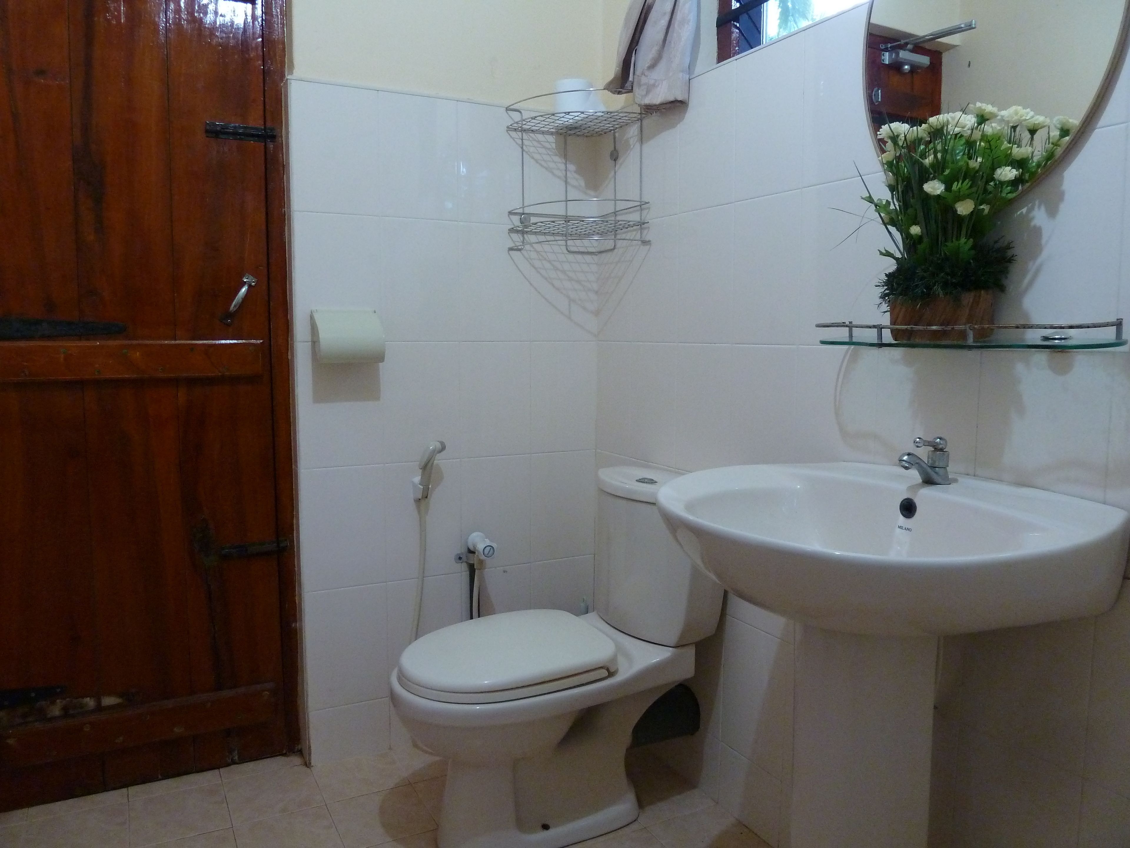 A bathroom with a toilet, a sink, a shower, and a wooden door.
