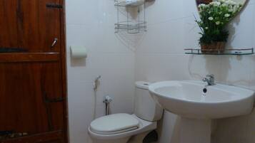 A bathroom with a toilet, a sink, a shower, and a wooden door.
