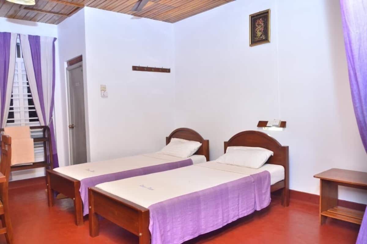 A room with two single beds, a wooden desk, a chair, and a ladder.