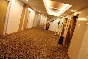 A hotel corridor with patterned carpet, wooden doors, and a wall-mounted air conditioning unit.