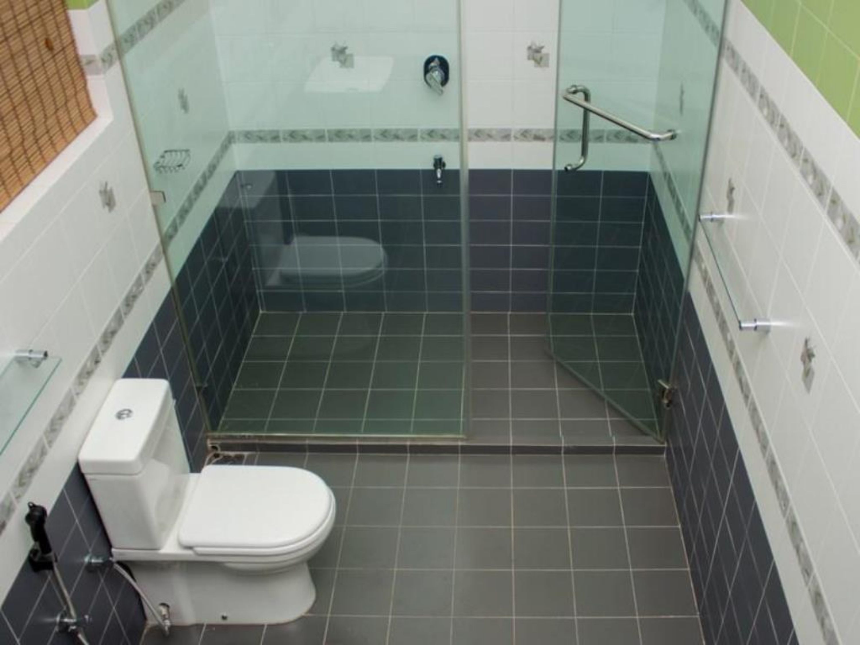 Un baño pequeño y cerrado con mampara de vidrio, inodoro y barra de apoyo.