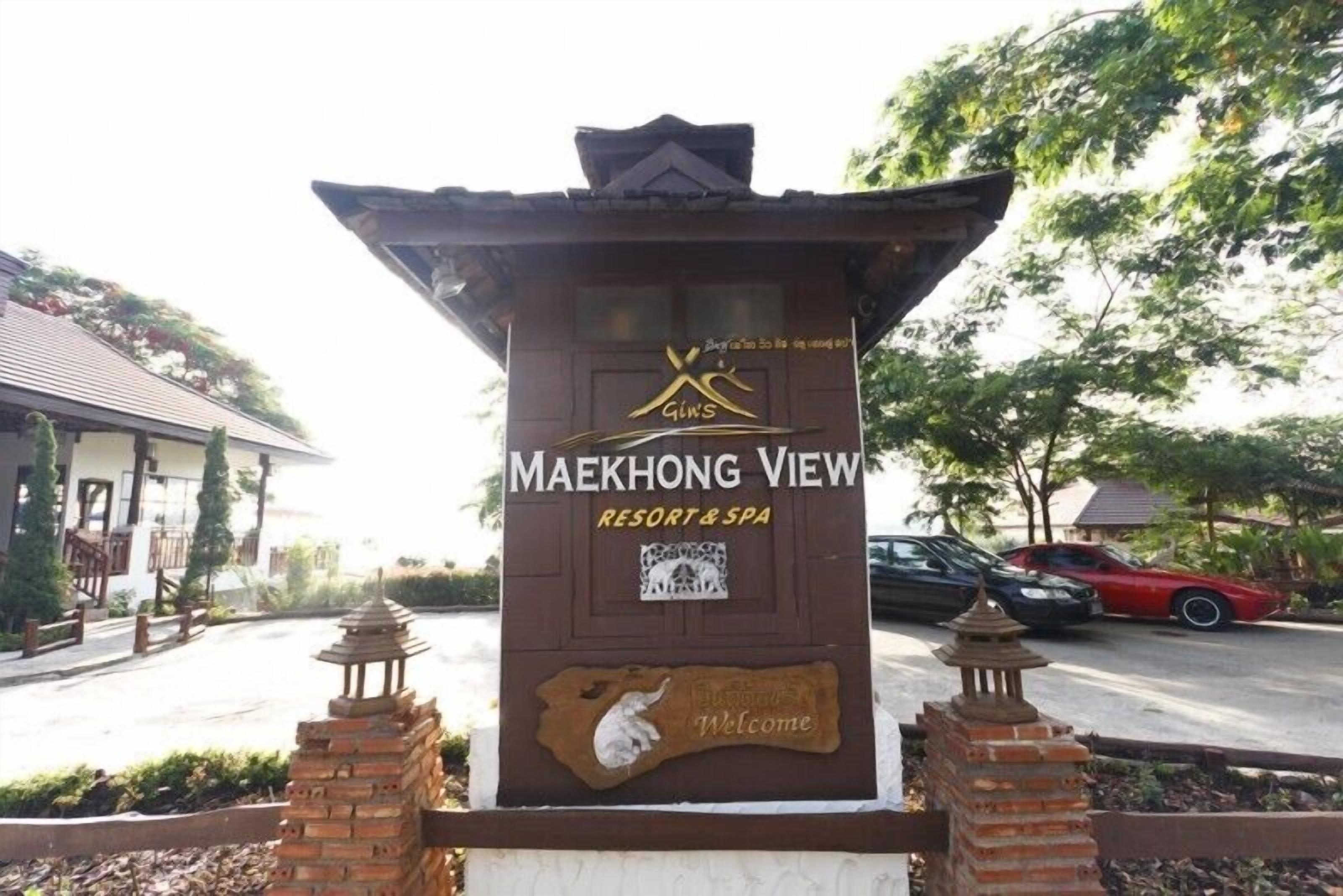 A sign for Maekhong View Resort & Spa with a welcome message and a logo.