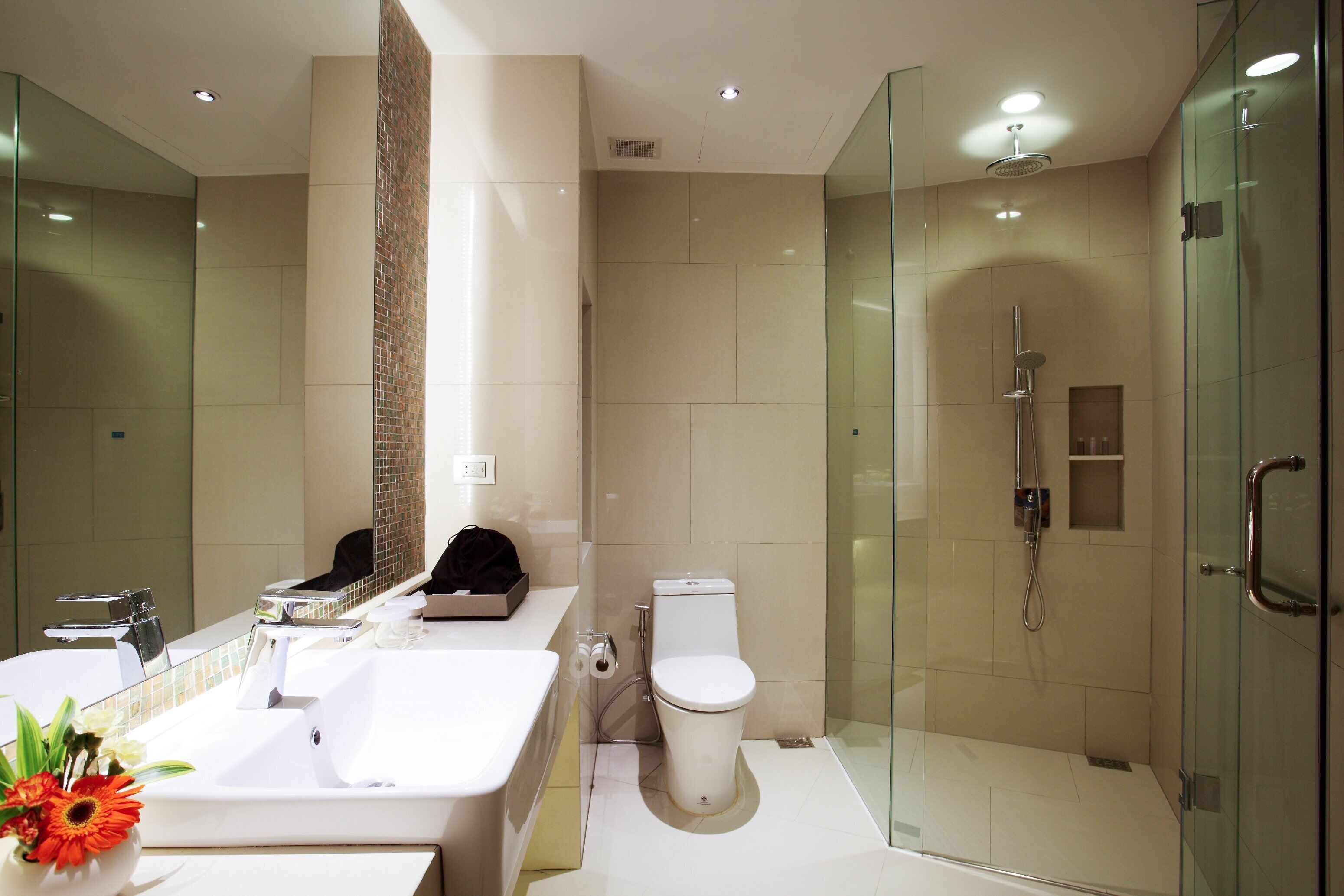 A modern bathroom with a glass shower enclosure, a white sink, and a toilet.