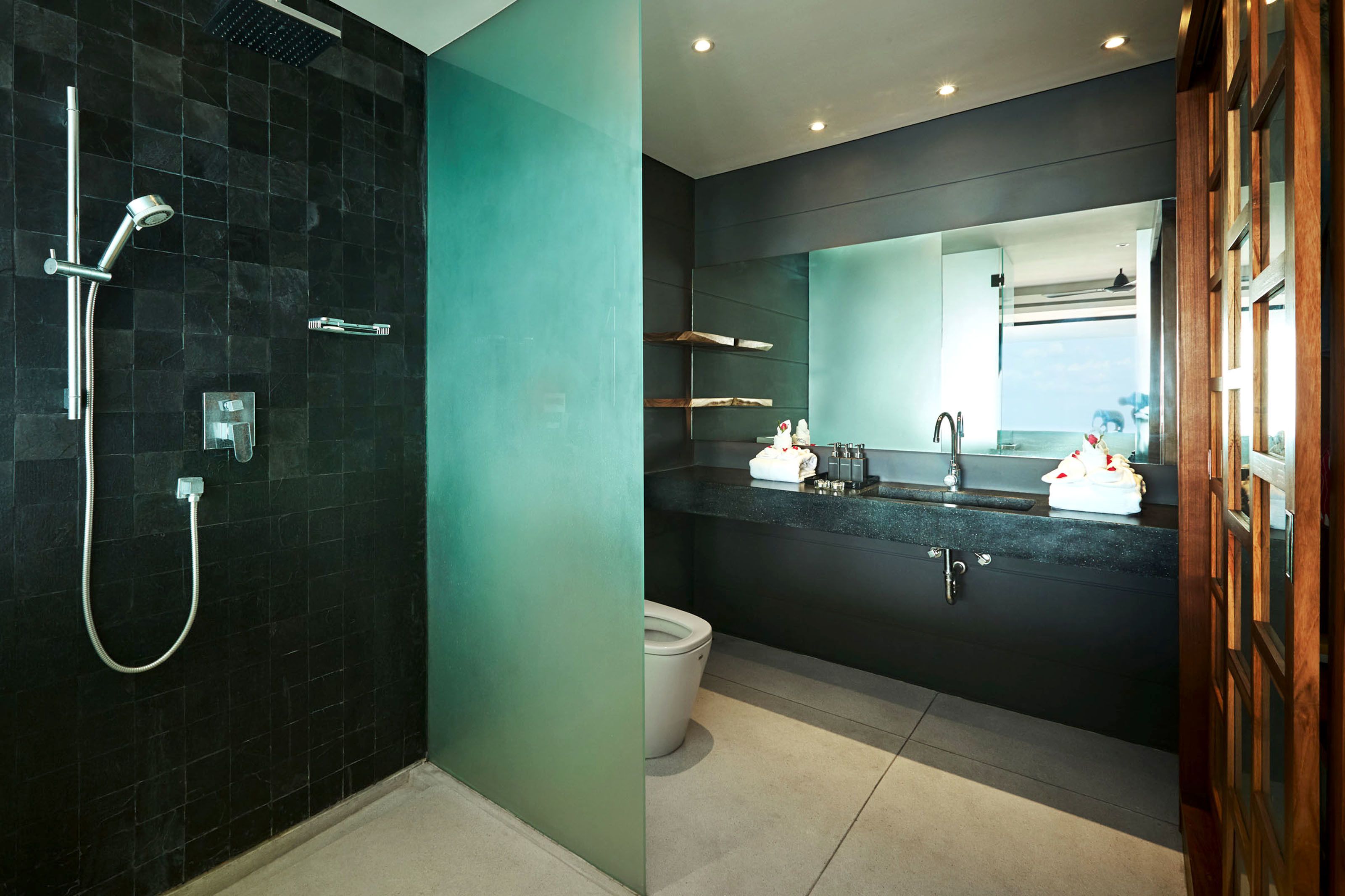 A modern bathroom with a black tiled shower area, a white toilet, and a dark vanity with a large mirror.