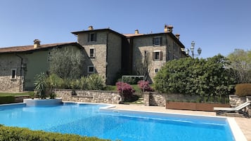 Seasonal outdoor pool, pool umbrellas, pool loungers