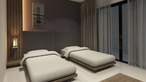 A modern bedroom with two beds, a large window with curtains, and a wall-mounted light. - Silom Boutique Hotel Hatyai (Hat Yai)