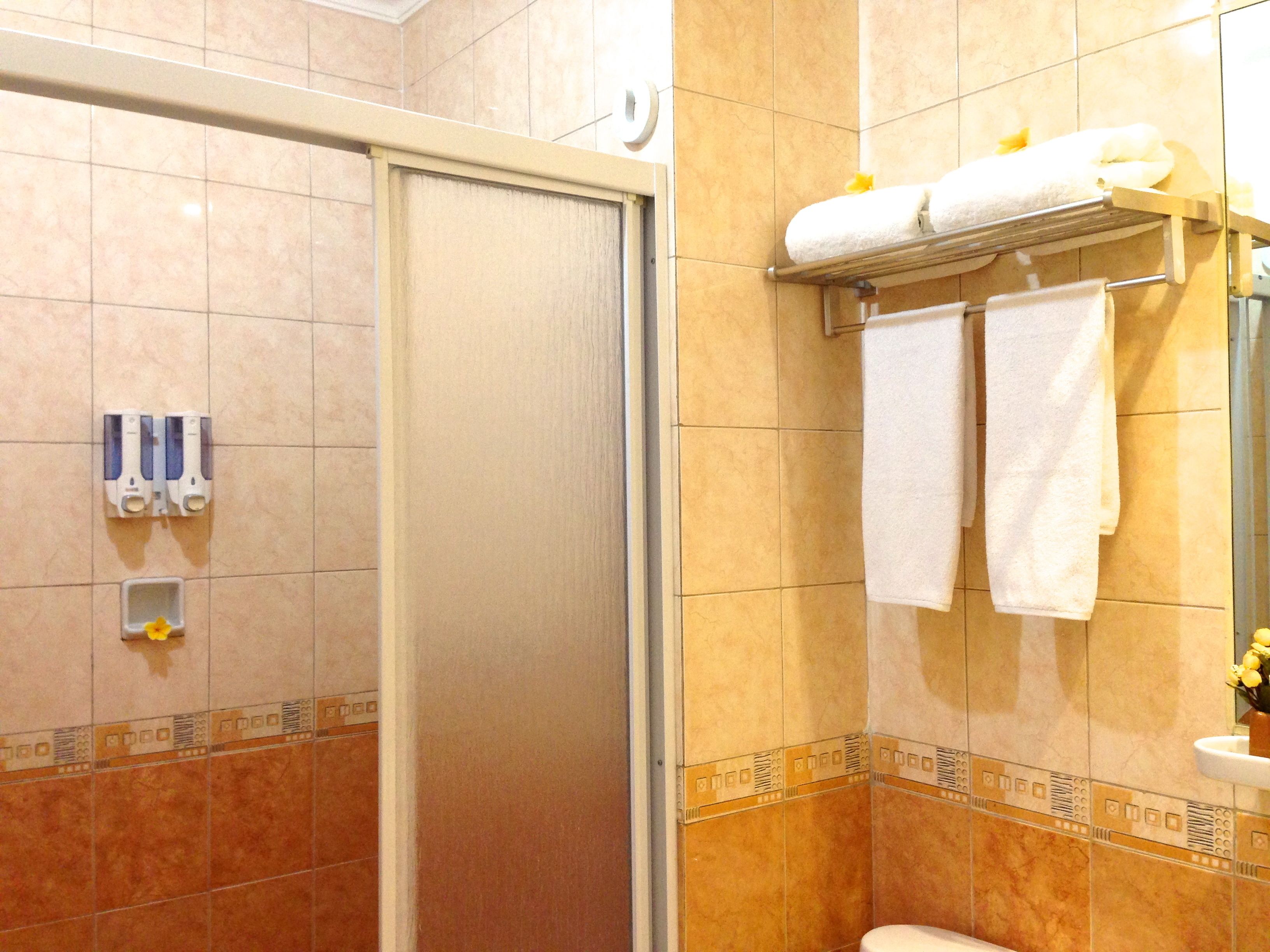 Een badkamer met een douche, toilet en een handdoekrek met handdoeken.