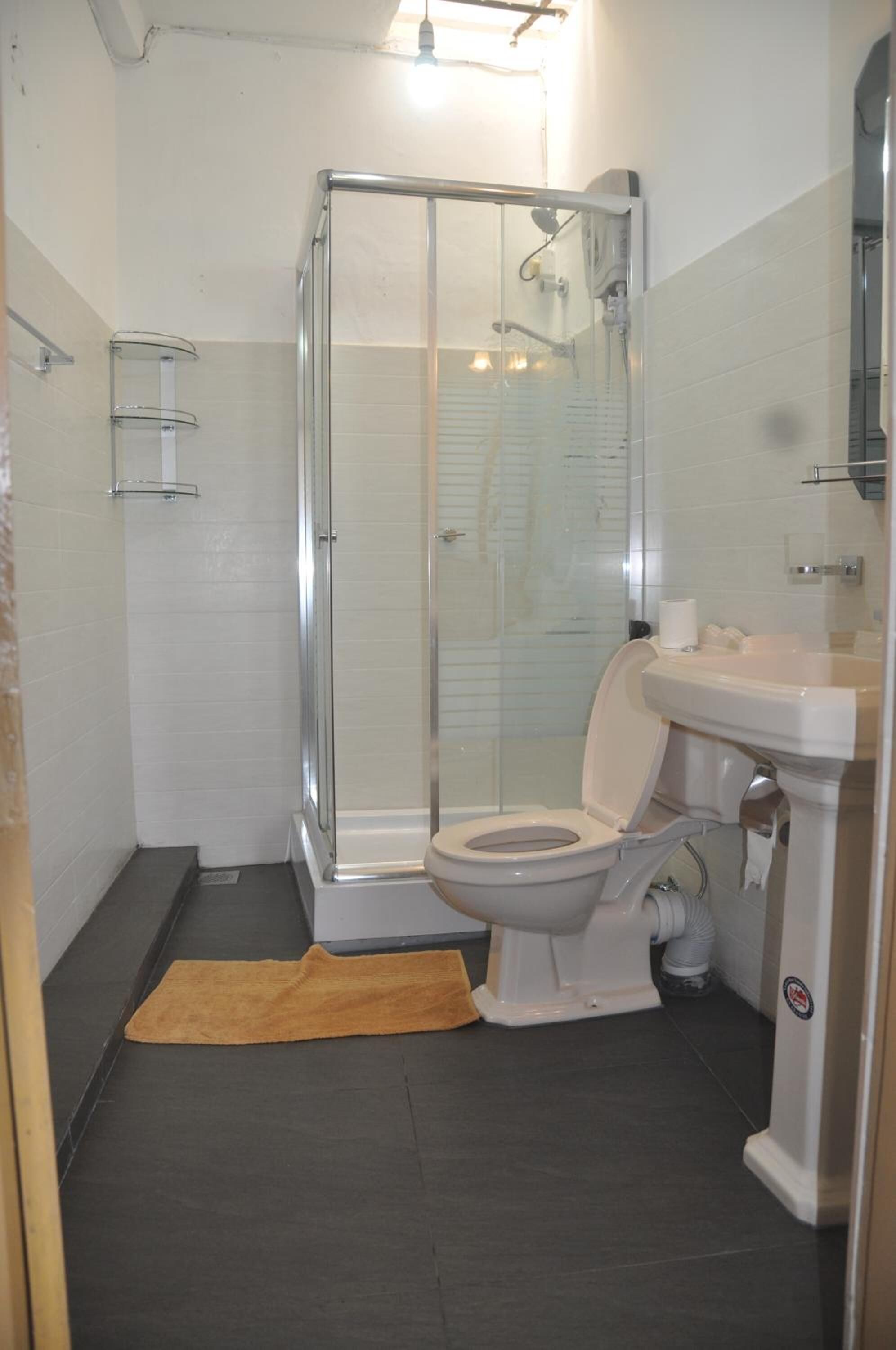 A bathroom with a glass-enclosed shower, a white toilet, and a sink.