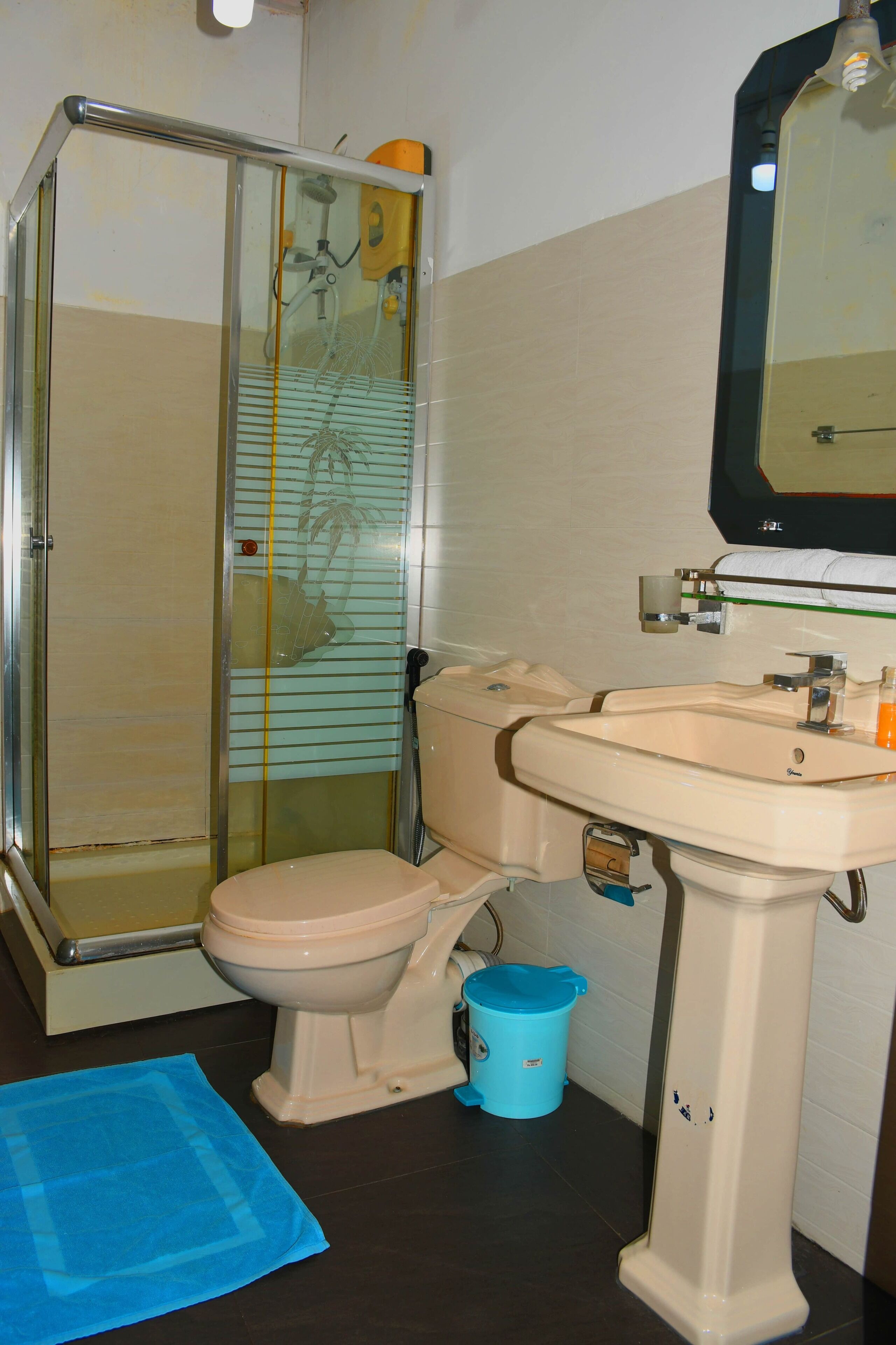 A bathroom with a glass-enclosed shower, a toilet, a sink, and a blue trash bin.