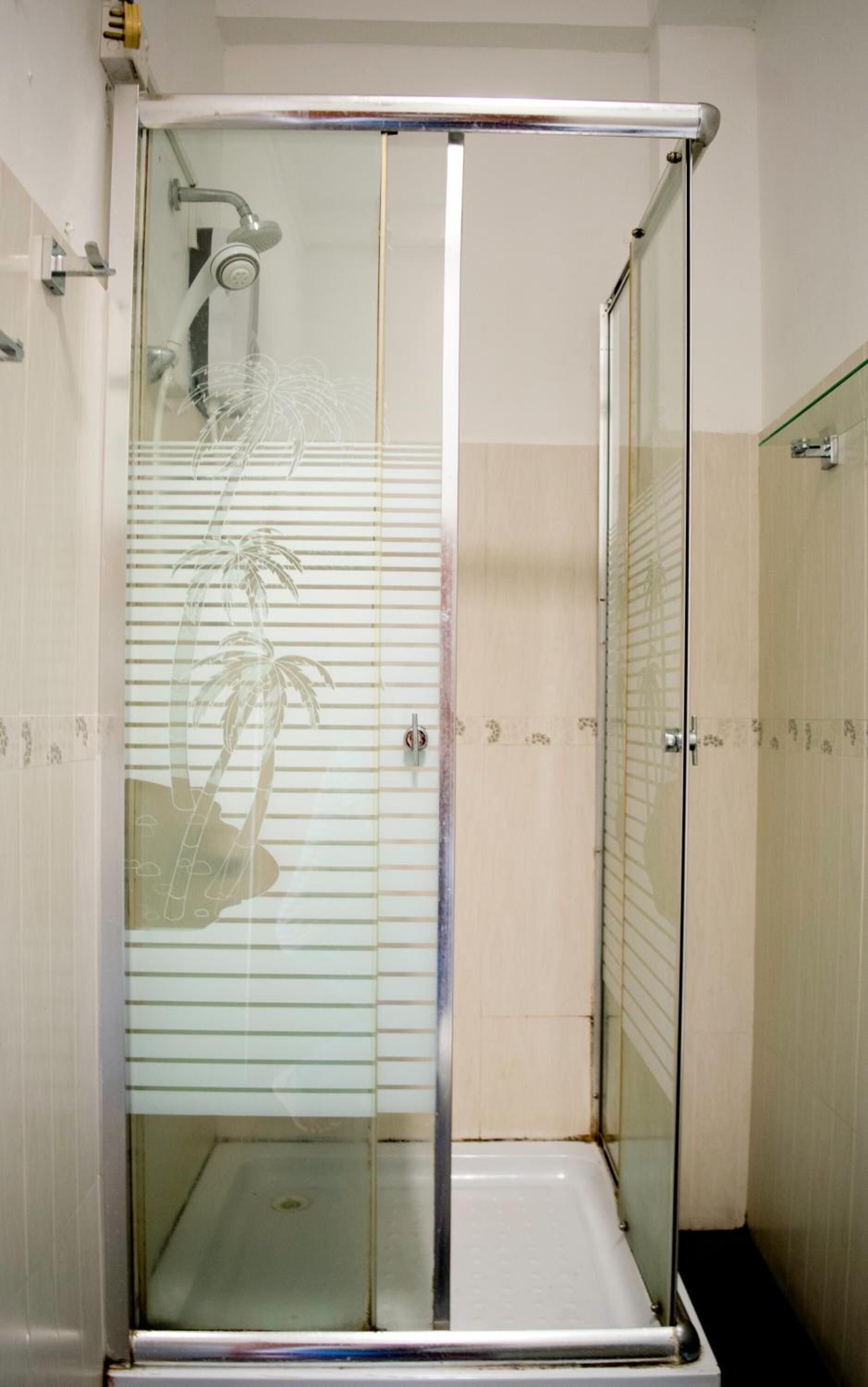 A glass-enclosed shower stall with a white floor, a glass door, and a showerhead.