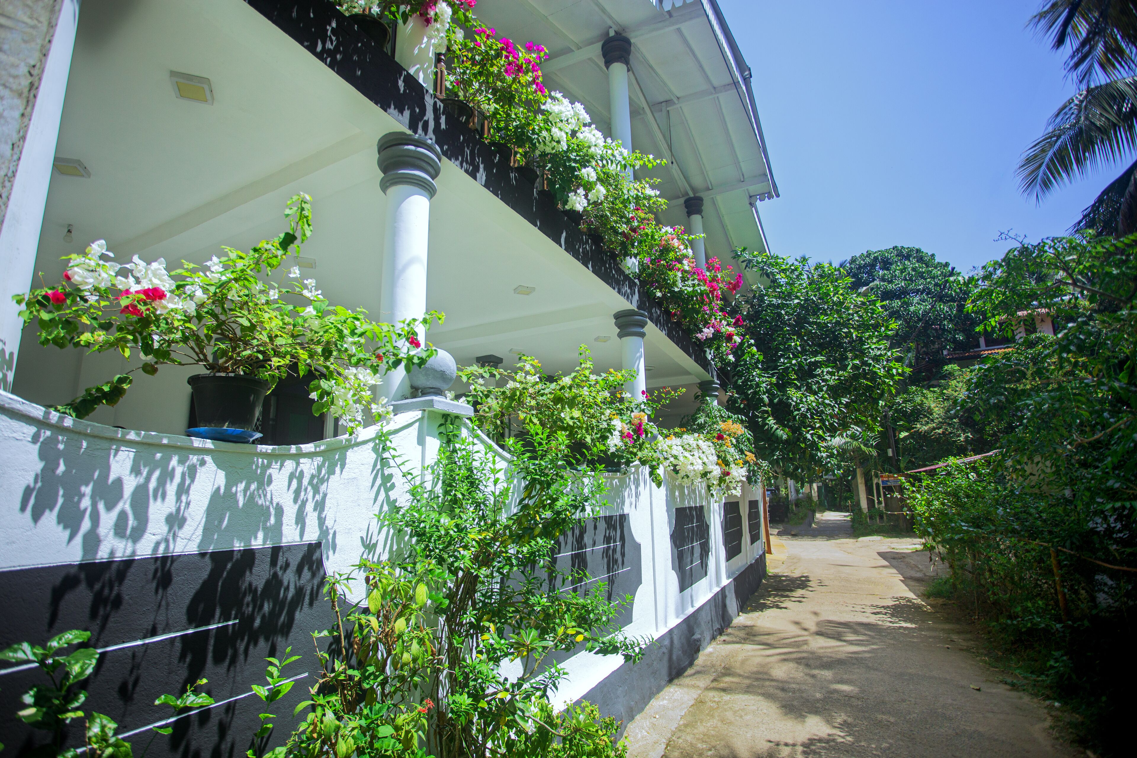 A building with a white exterior, multiple balconies with potted plants and flowers, and a pathway leading to the entrance.