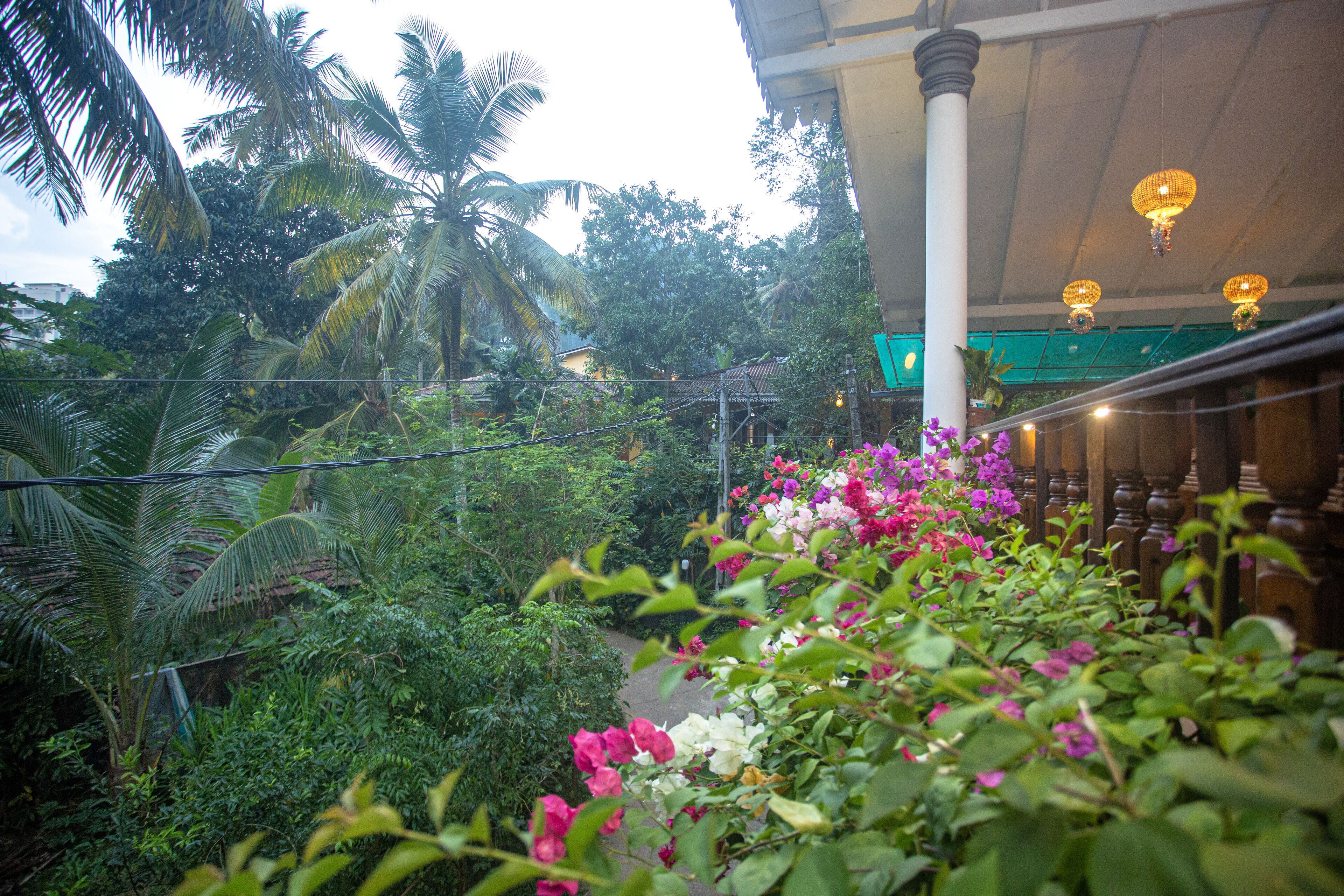 A lush garden with dense foliage and flowering plants, a covered walkway, and traditional lanterns.