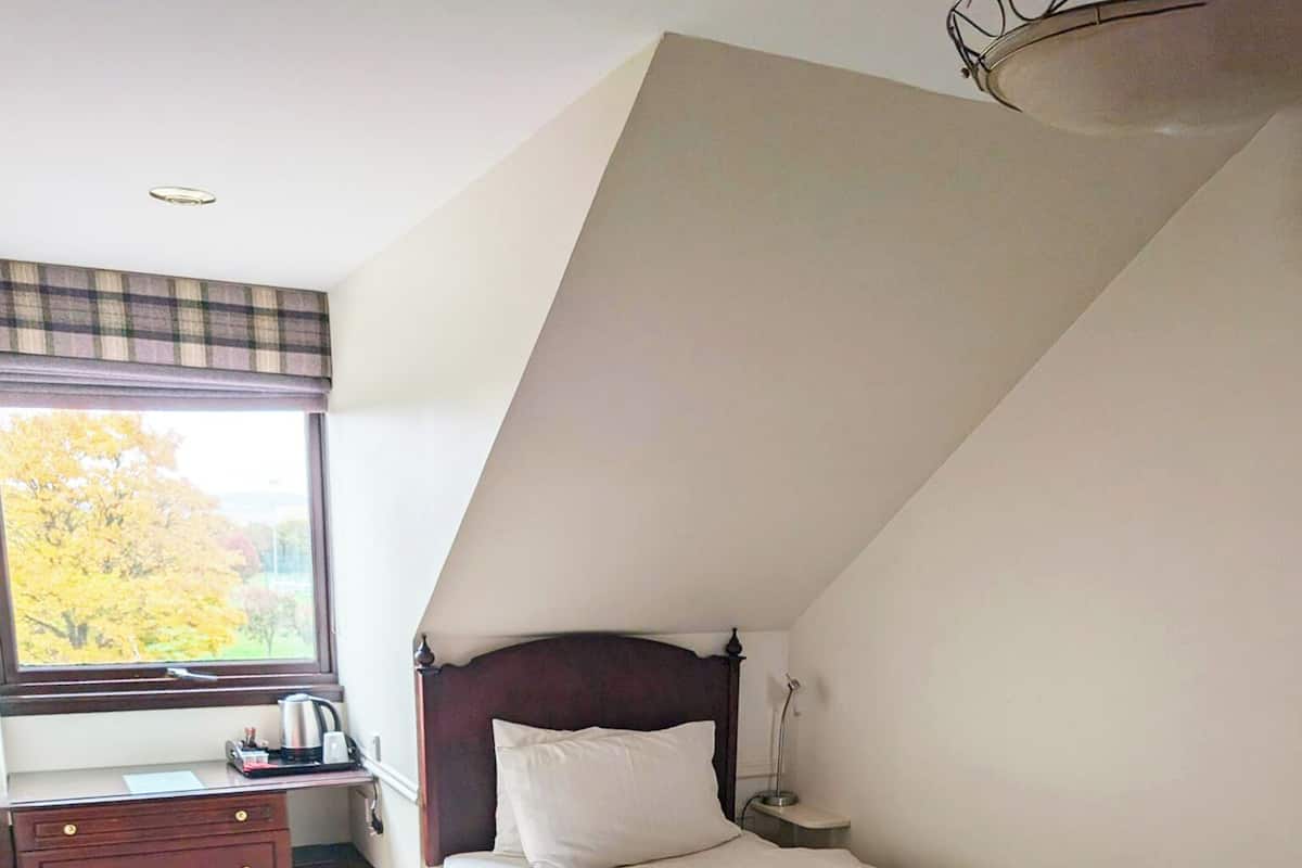 A bedroom with a single bed, a nightstand, a dresser, and a window with a view of trees.