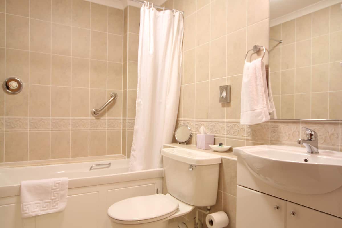 combined shower/bathtub, free toiletries, hair dryer, towels