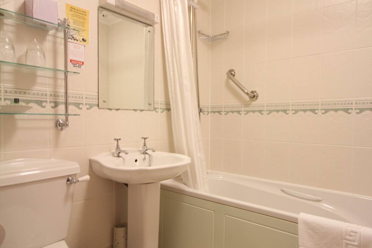 combined shower/bathtub, free toiletries, hair dryer, towels