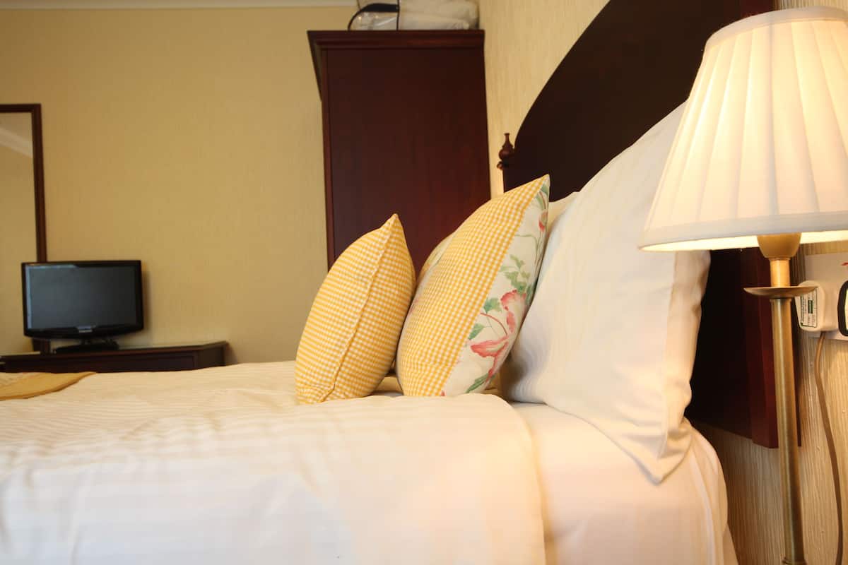 A neatly made bed with a white comforter and two decorative pillows, a bedside lamp, and a television on a wooden nightstand.