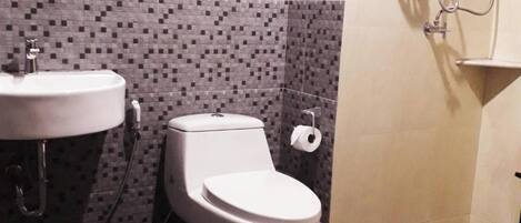 A bathroom with a toilet, sink, and shower.