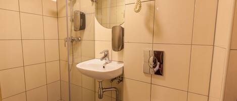 A bathroom with a glass-enclosed shower, a sink, and a mirror.