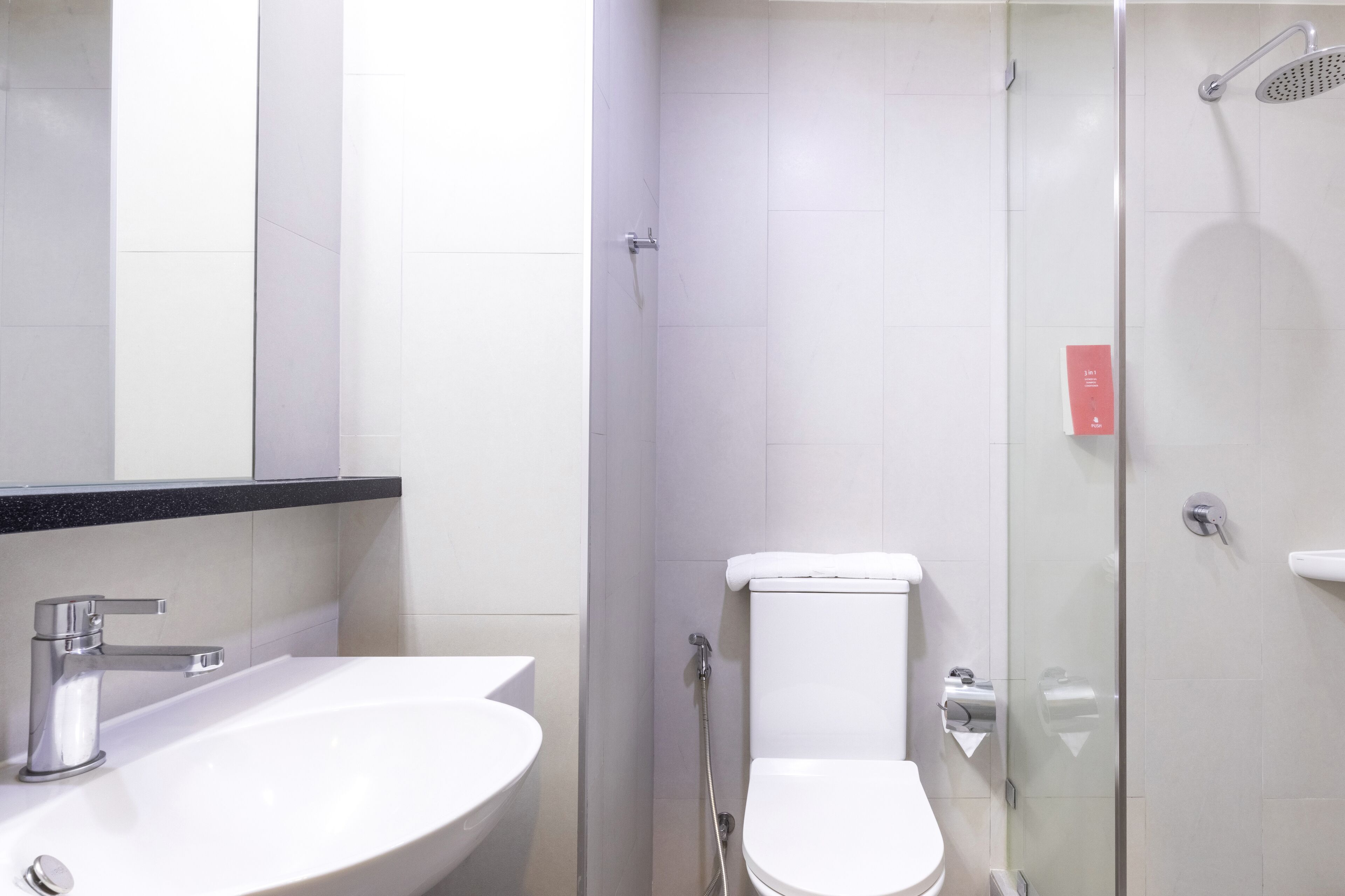 shower, free toiletries, bidet, towels