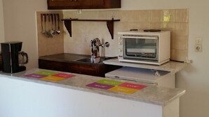Studio | Private kitchenette | Coffee/tea maker, fridge, stovetop, cookware/dishes/utensils - Sofia Apartments (Corfu)